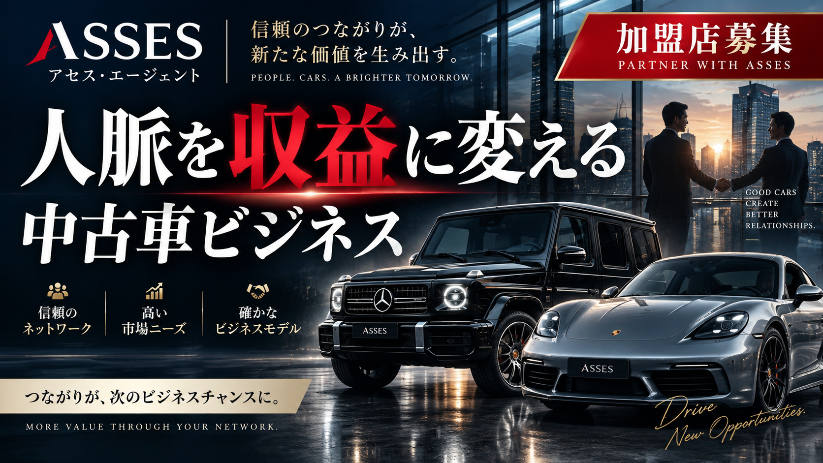 経営者や事業オーナーが、既存の人脈を活かして始める中古車ビジネス「アセス・エージェント」。店舗・在庫を持たず、新たな収益源をつくる加盟モデルです。のサムネイル